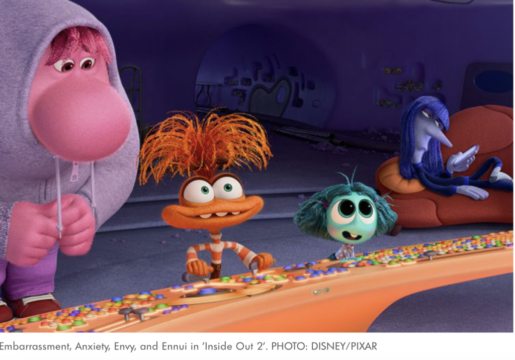 4 of the new characters in Inside Out 2 are depicted: Embarrassment, Anxiety, Envy, and Ennui